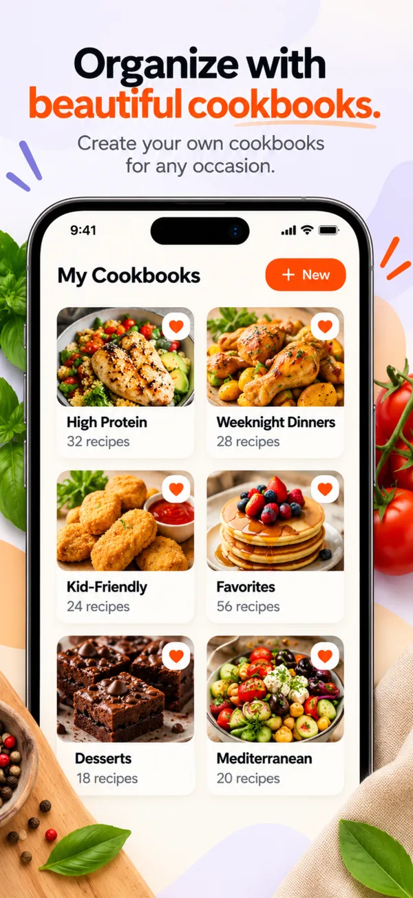 RecipeVault cookbooks: High Protein, Weeknight Dinners, Kid-Friendly, Favorites, Desserts and Mediterranean