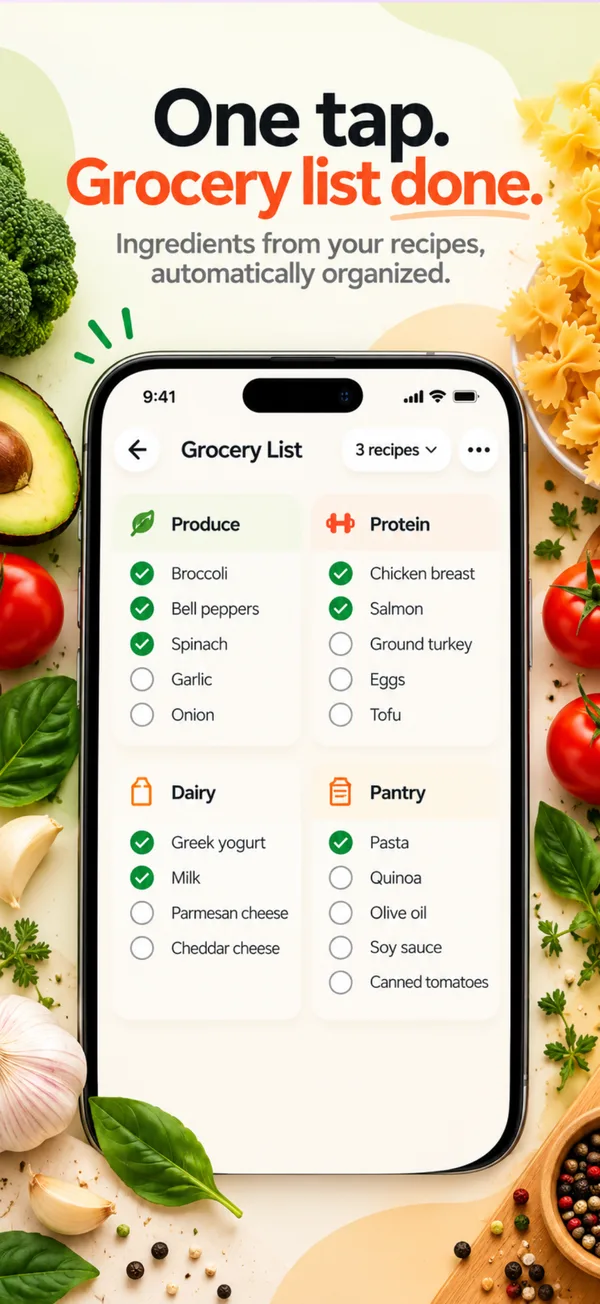 RecipeVault grocery list sorted into produce, protein, dairy and pantry