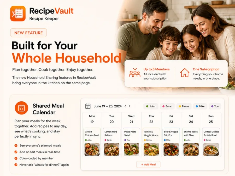RecipeVault household sharing with a shared meal calendar and grocery list