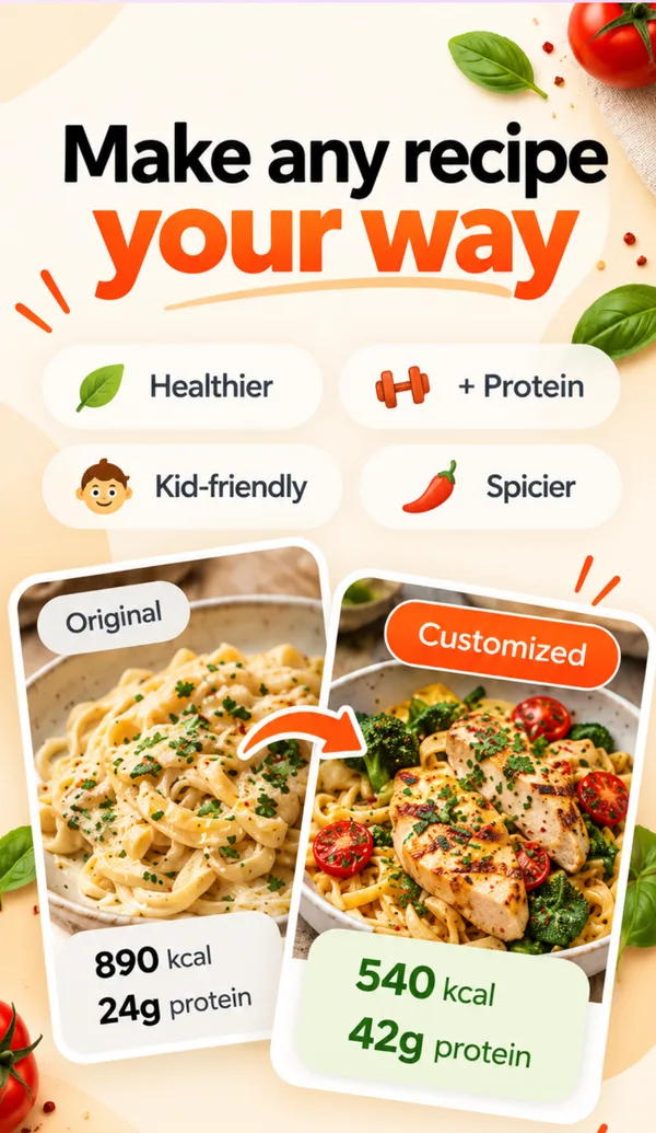 A creamy pasta recipe customized to 540 kcal and 42 g protein in RecipeVault