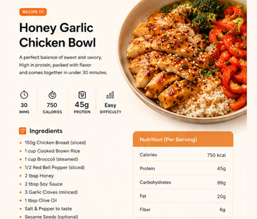 A recipe card with calories, protein, carbs, fat and fiber per serving