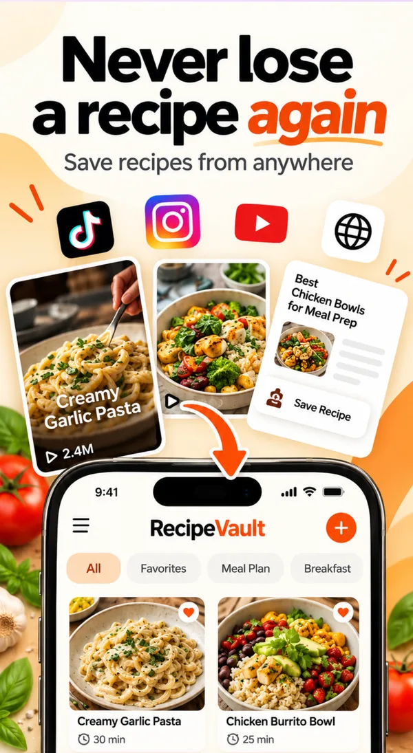 RecipeVault saving a Creamy Garlic Pasta recipe from a TikTok video