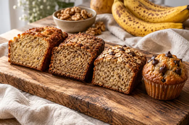 Four slices of banana bread on a wooden board: classic, healthier whole-wheat, high-protein and a chocolate chip mini muffin