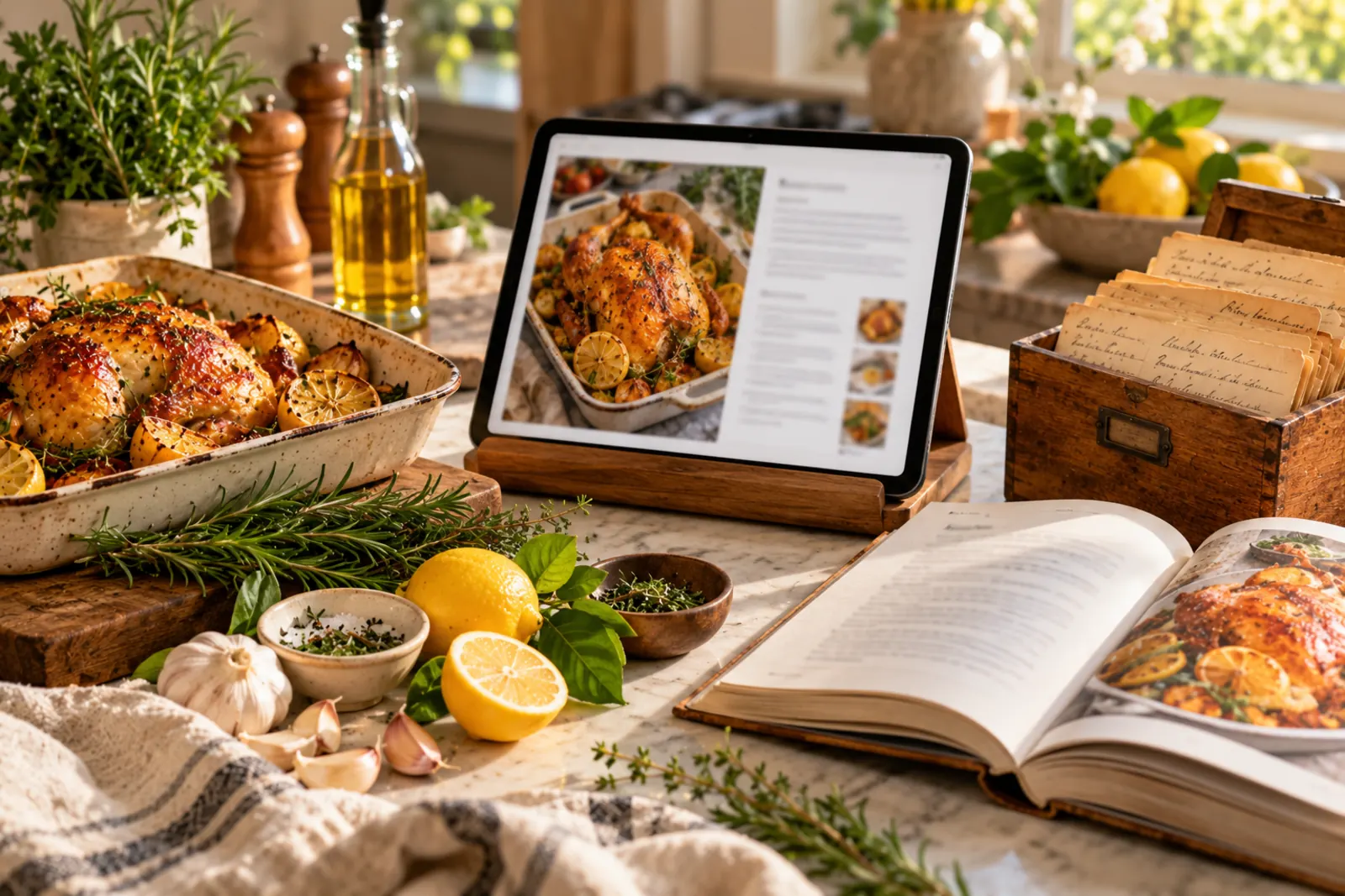A tablet showing a roast chicken recipe next to a recipe box, an open cookbook, rosemary and lemons