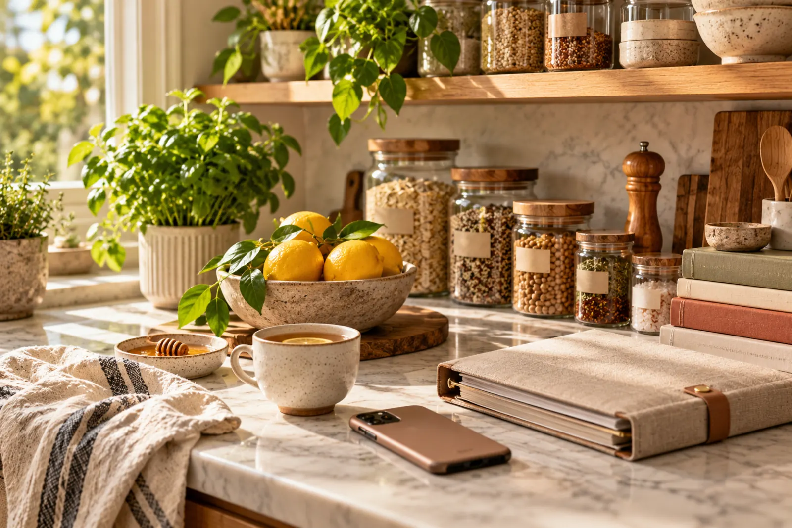 A tidy kitchen counter with glass jars of grains, cookbooks, a recipe binder, a cup of tea and fresh lemons
