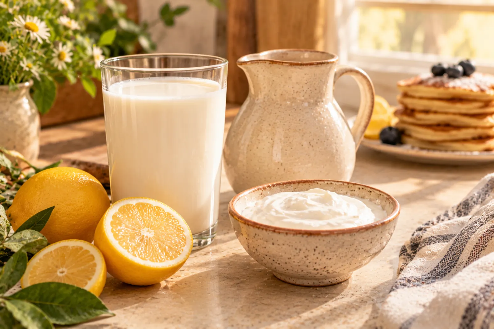 Buttermilk and its substitutes on a kitchen counter