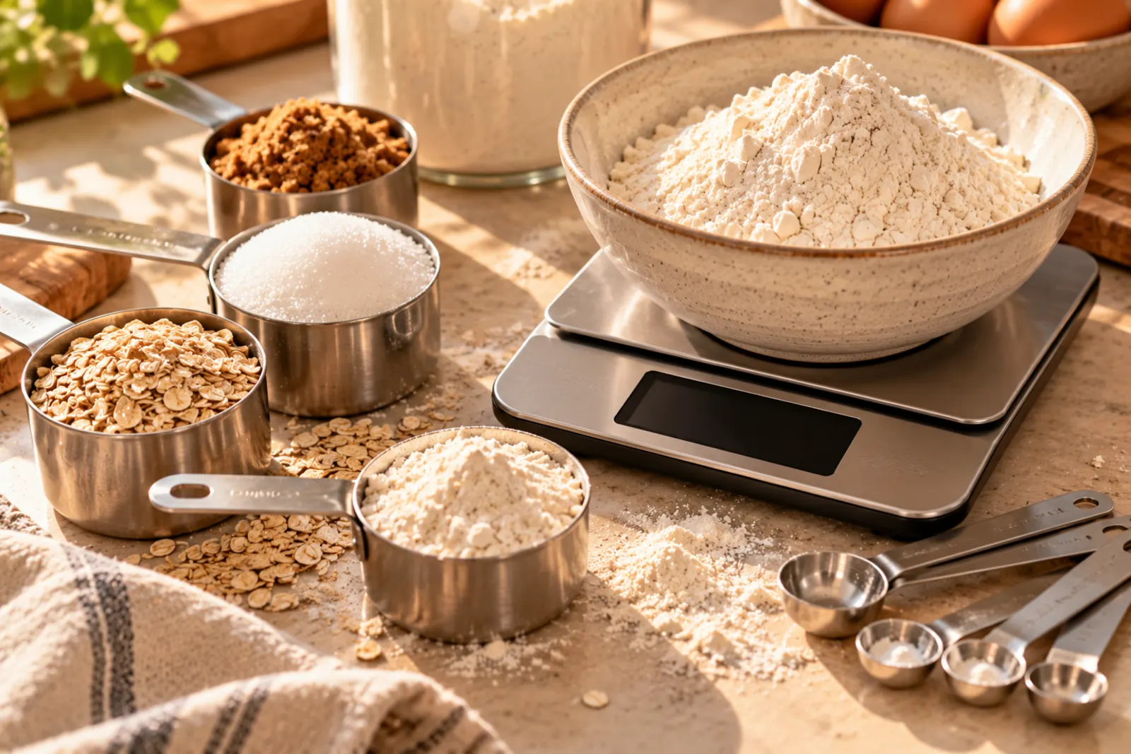 Measuring cups of flour, sugar and oats next to a digital kitchen scale
