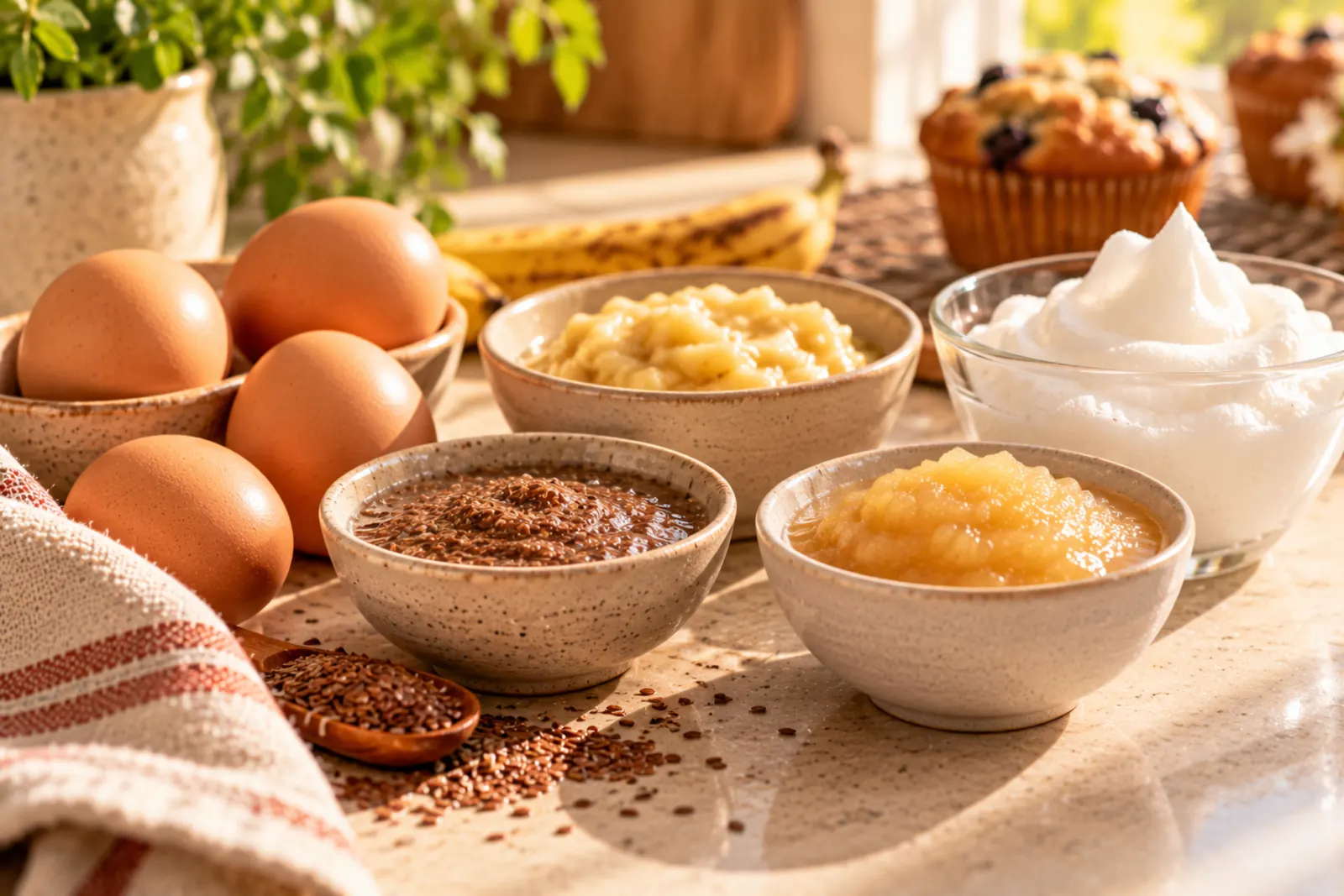 Egg and its substitutes on a kitchen counter