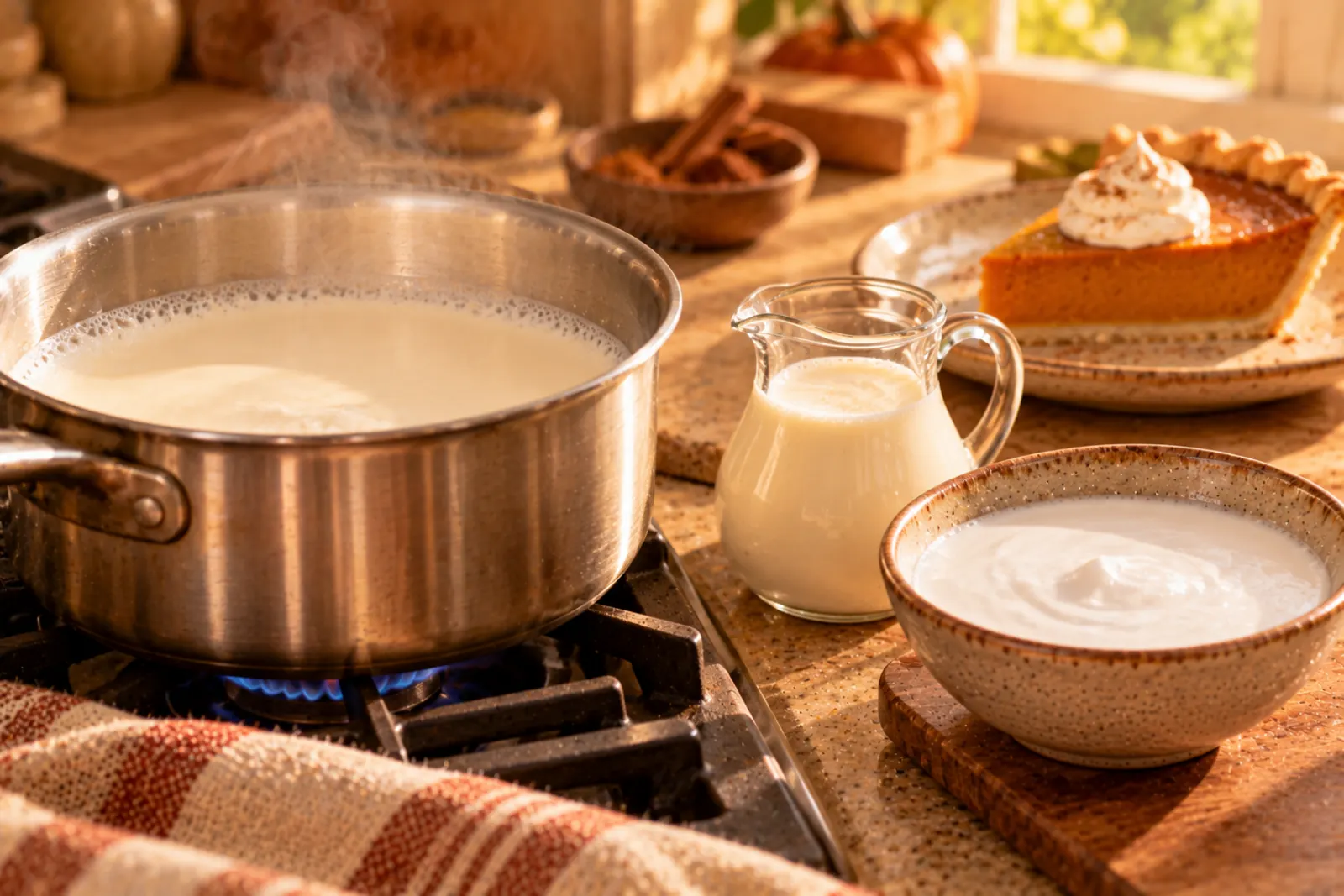 Evaporated milk and its substitutes on a kitchen counter