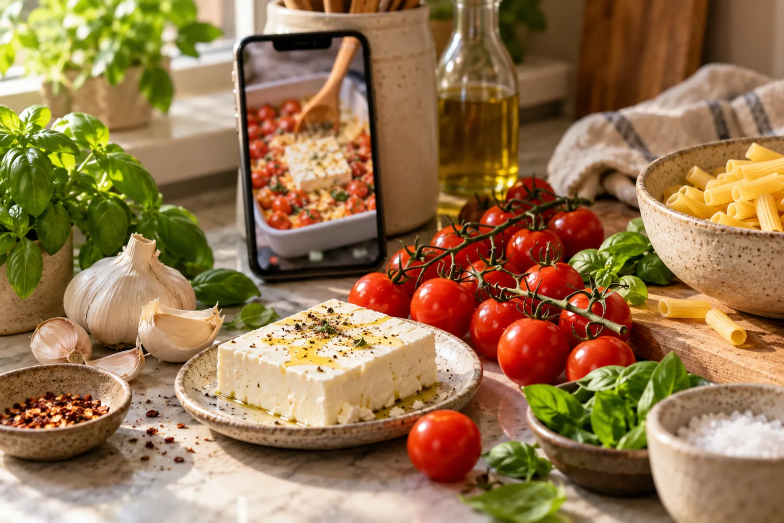 A phone playing a baked feta pasta video next to feta, cherry tomatoes, garlic and basil
