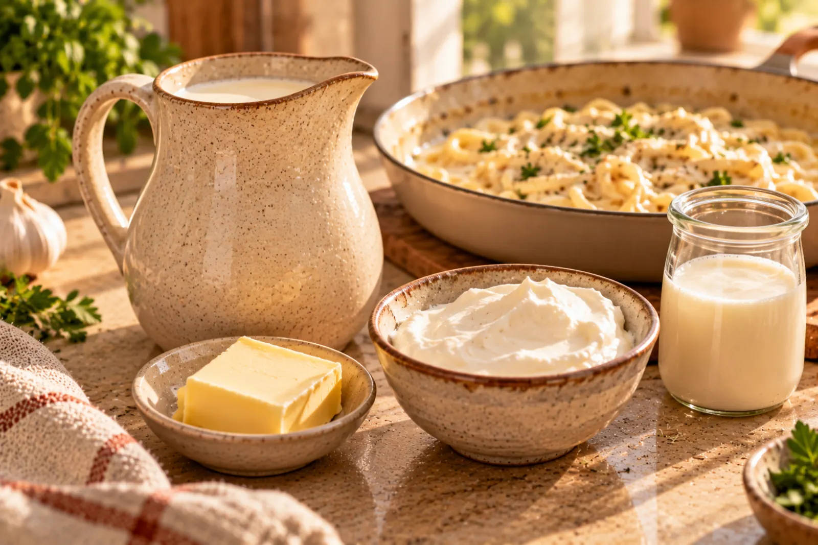 Heavy cream and its substitutes on a kitchen counter