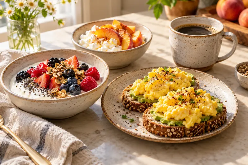 High-protein breakfast: Greek yogurt with berries and granola, scrambled eggs on toast, cottage cheese with peaches