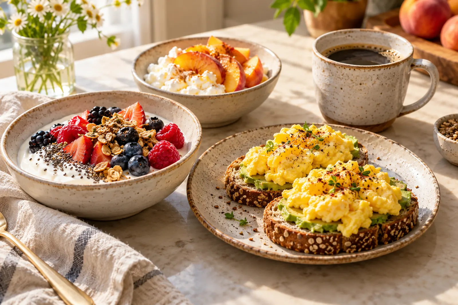 High-protein breakfast: Greek yogurt with berries and granola, scrambled eggs on toast, cottage cheese with peaches