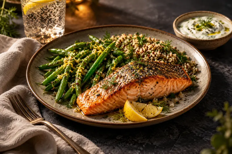 Seared salmon with lemon-garlic green beans, herbed quinoa and a Greek yogurt dill sauce