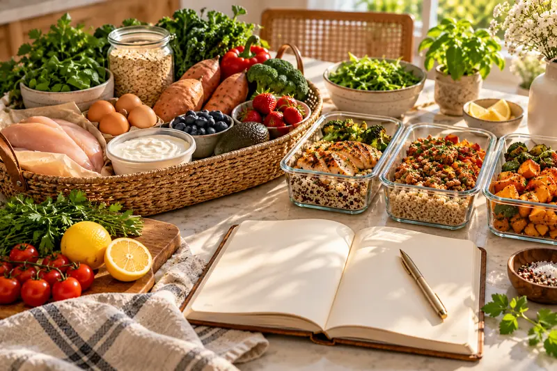 Sunday meal planning: a notebook, a basket of groceries and prepped containers of protein and grains