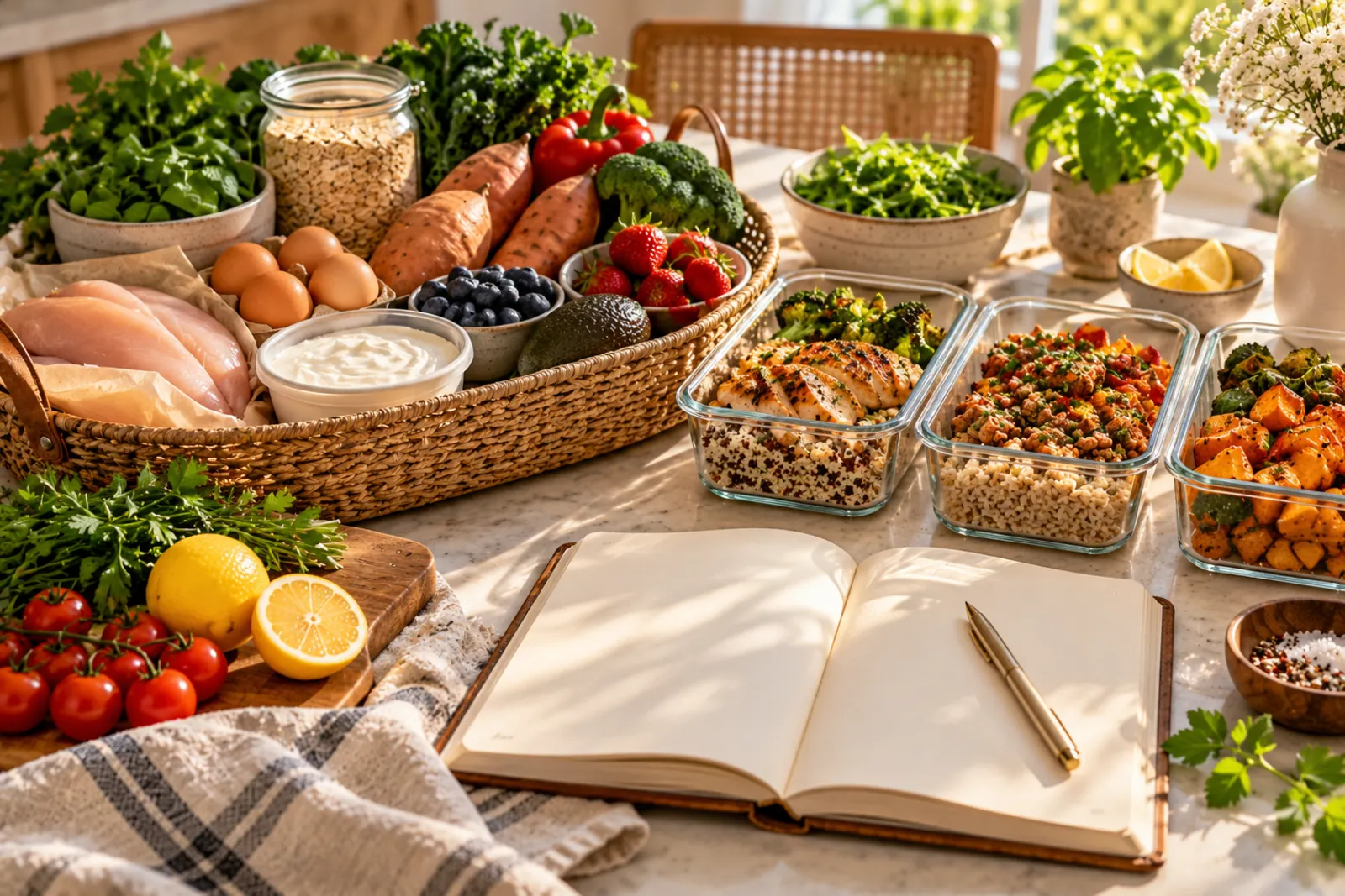 Sunday meal planning: a notebook, a basket of groceries and prepped containers of protein and grains