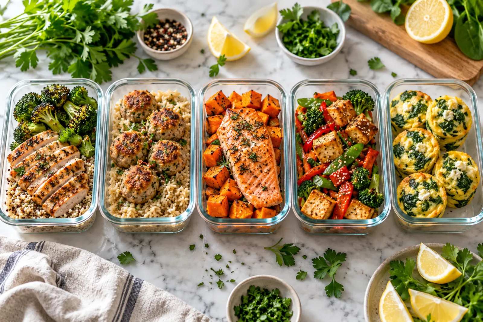 Five glass meal-prep containers with chicken and quinoa, turkey meatballs, salmon, tofu stir-fry and egg bites