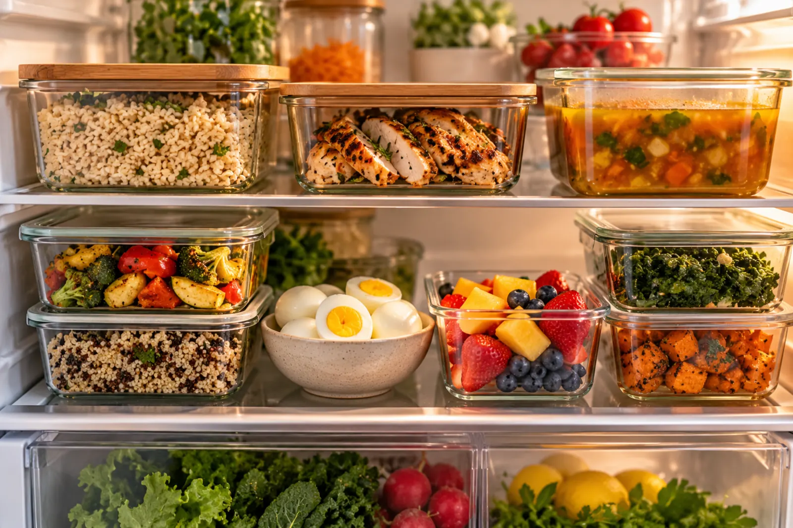 Glass containers of leftovers on a refrigerator shelf