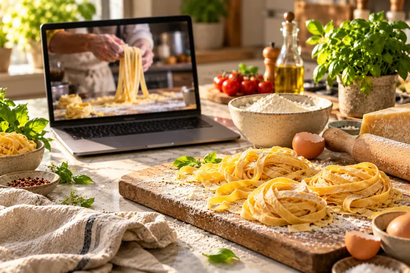 A laptop showing a fresh pasta cooking video beside homemade tagliatelle, flour and eggs