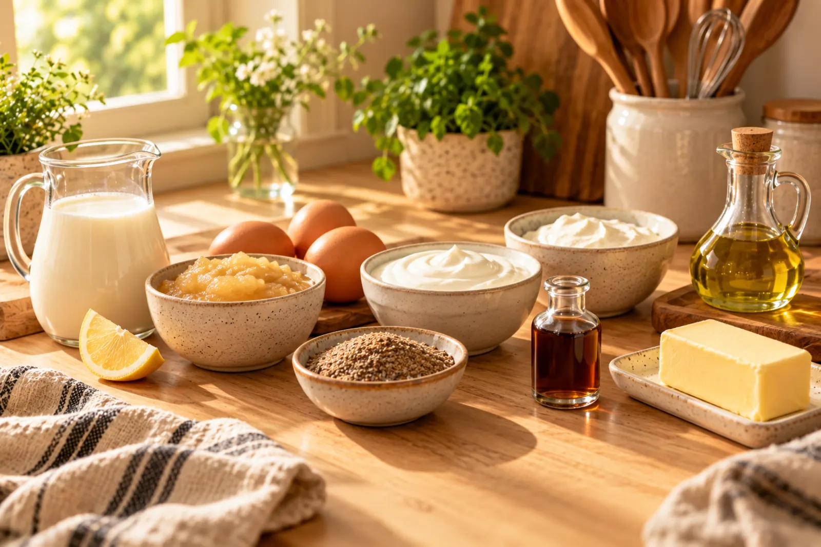 Baking ingredients and their substitutes on a wooden counter