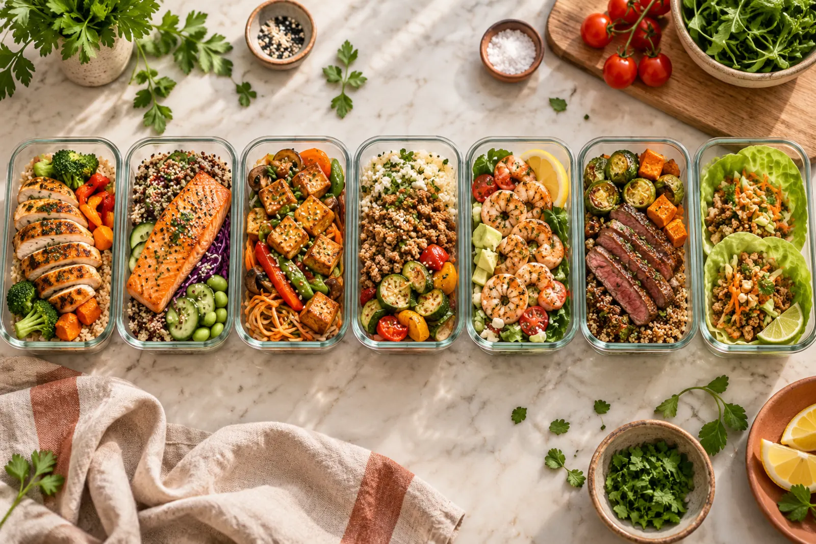 A week of high-protein meal prep in matching glass containers