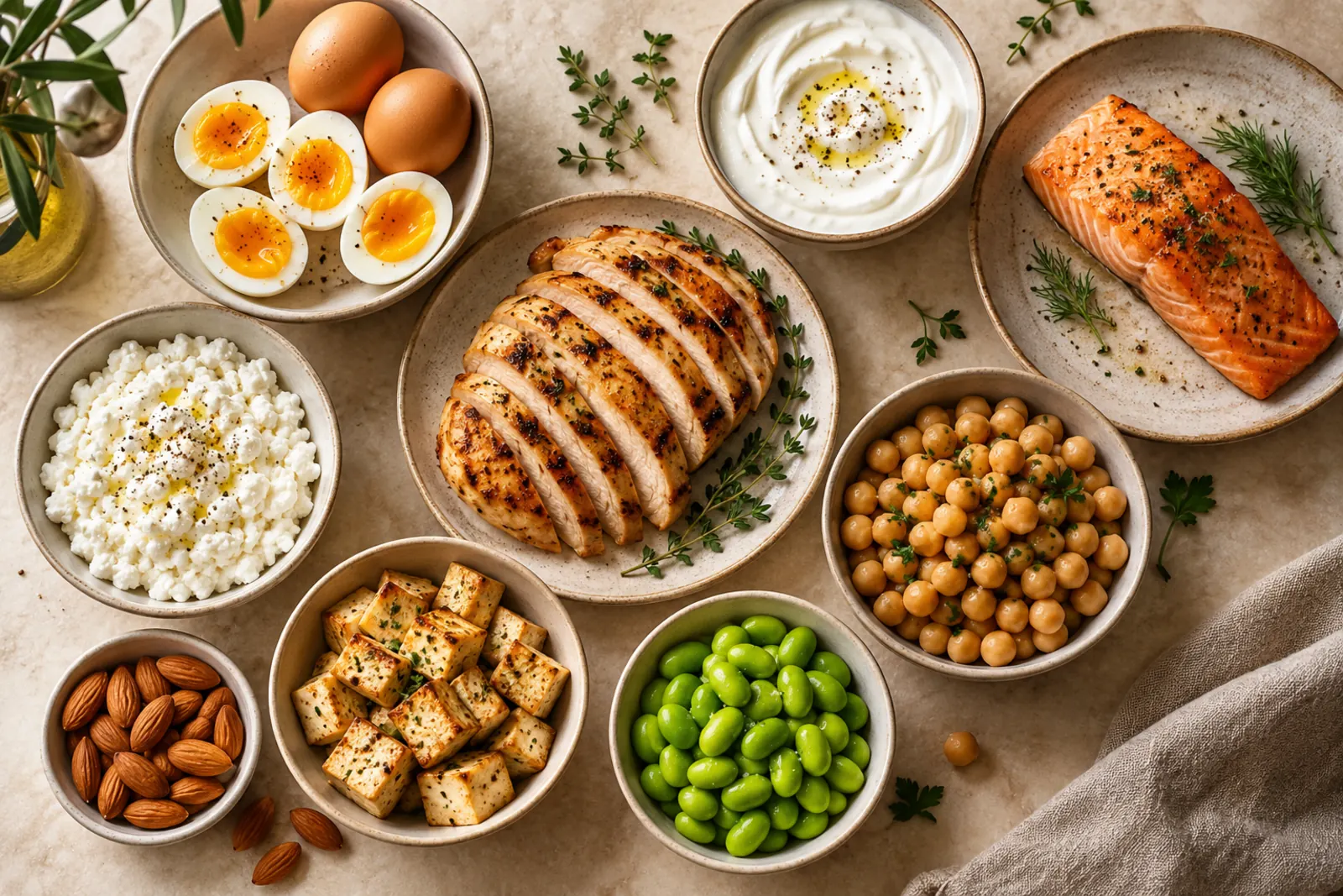 High-protein foods: chicken, eggs, Greek yogurt, salmon, cottage cheese, chickpeas, edamame and tofu