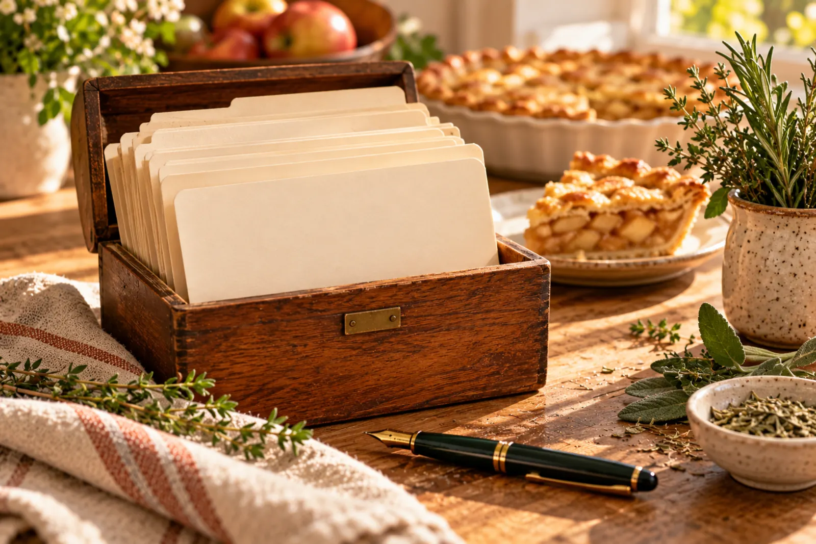 Vintage wooden recipe box with blank recipe cards and a pen