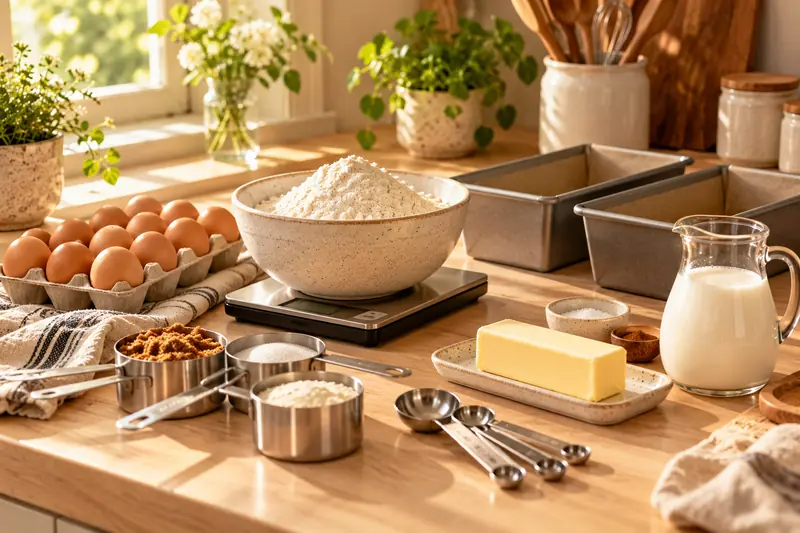 Baking prep for a doubled recipe: a kitchen scale with flour, eggs, measuring cups, butter and two loaf pans