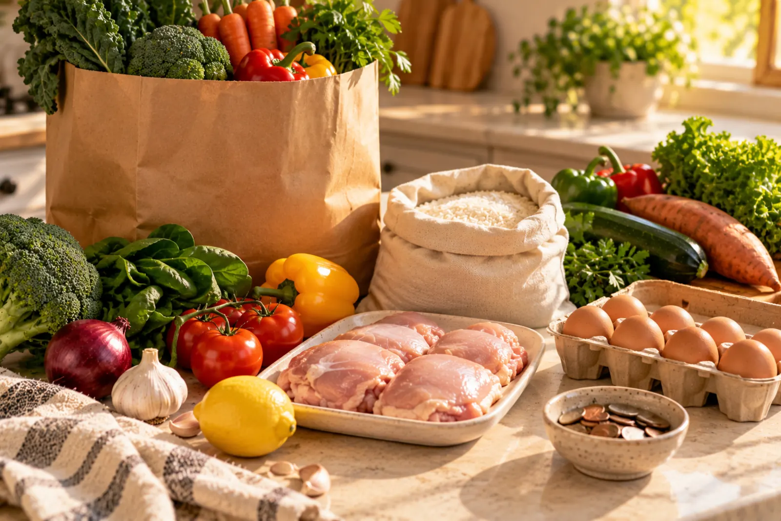 Groceries on a kitchen counter after shopping