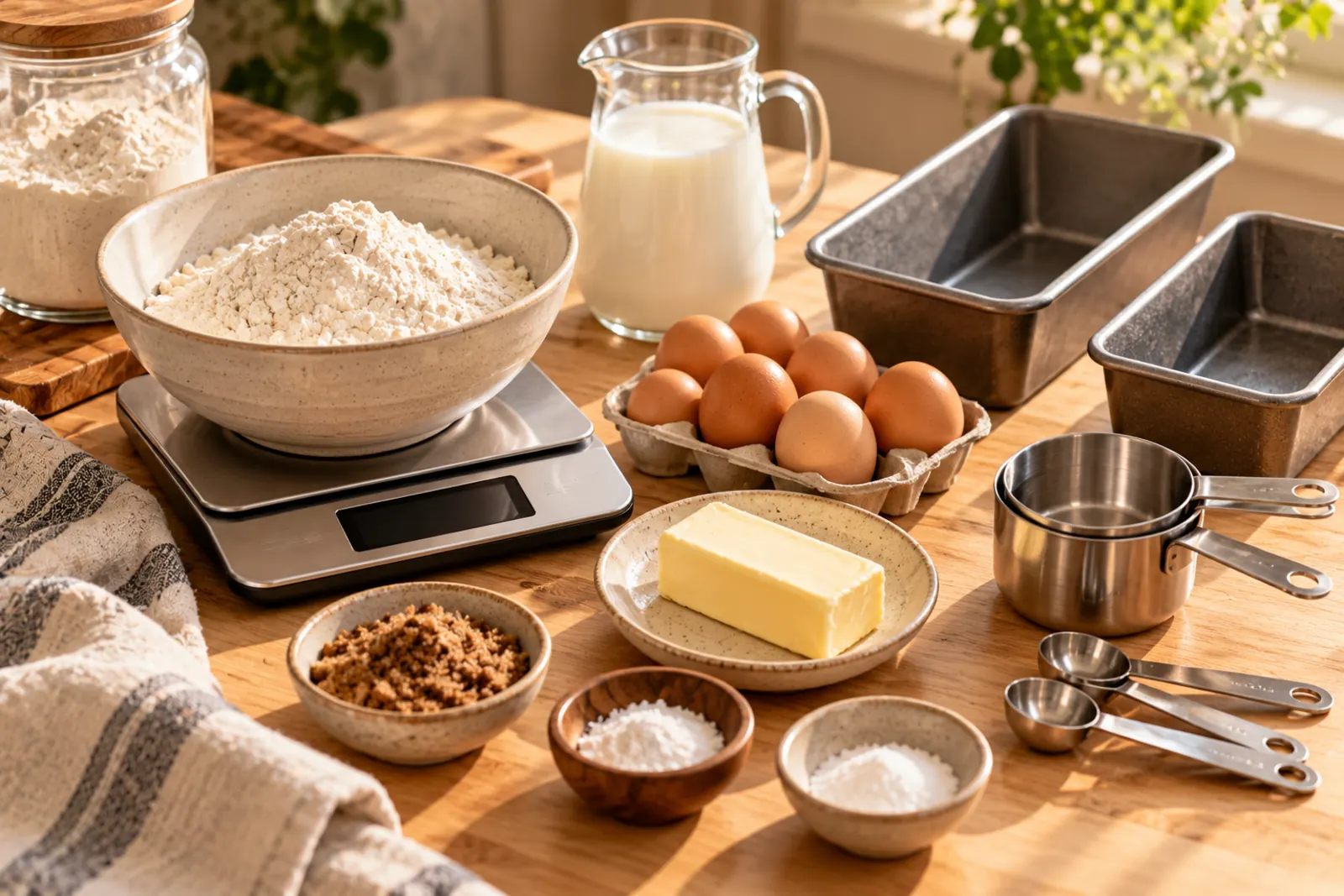 Kitchen scale, measuring cups and two loaf pans of different sizes
