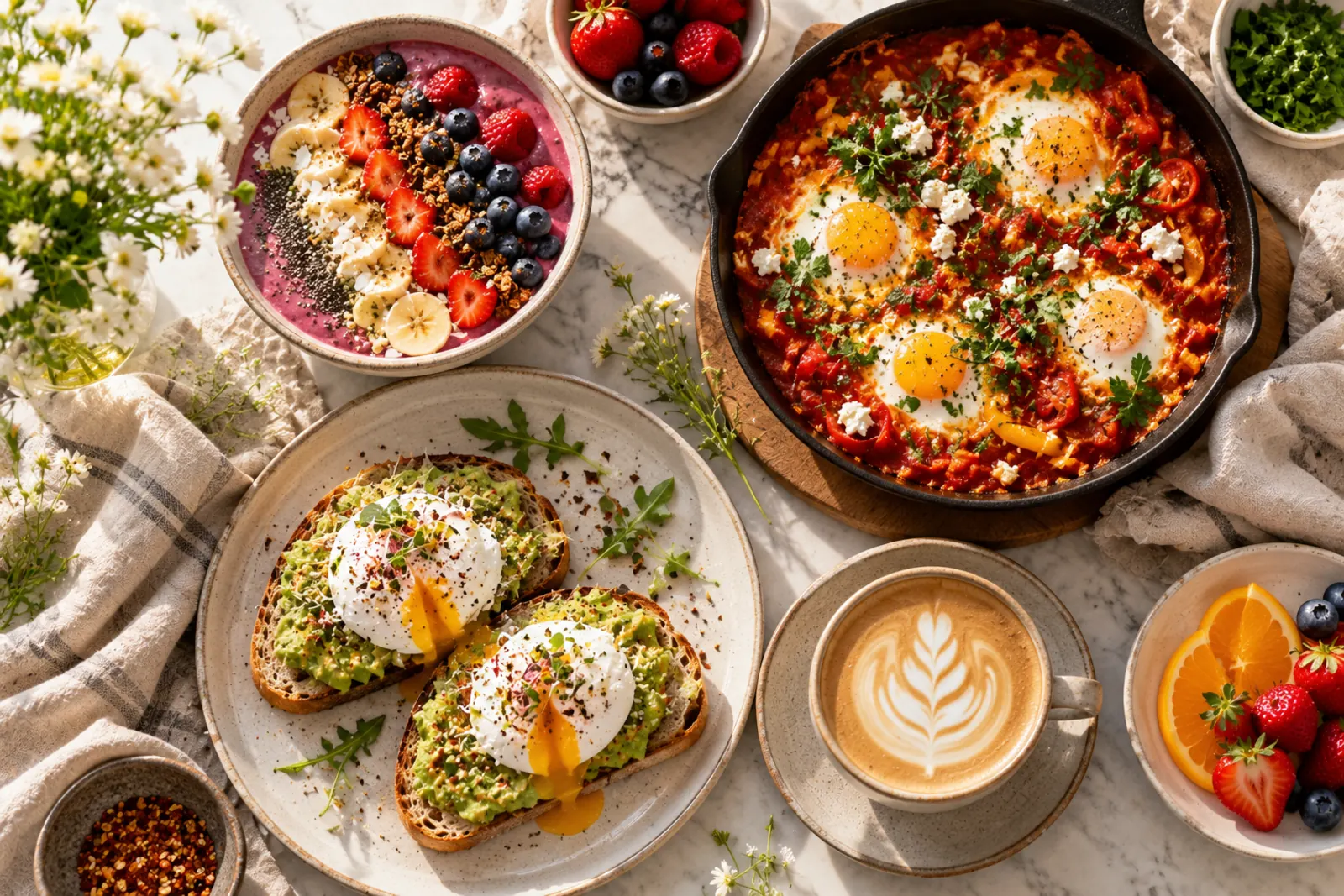 Overhead brunch spread with avocado toast, poached eggs, a smoothie bowl, shakshuka and a latte