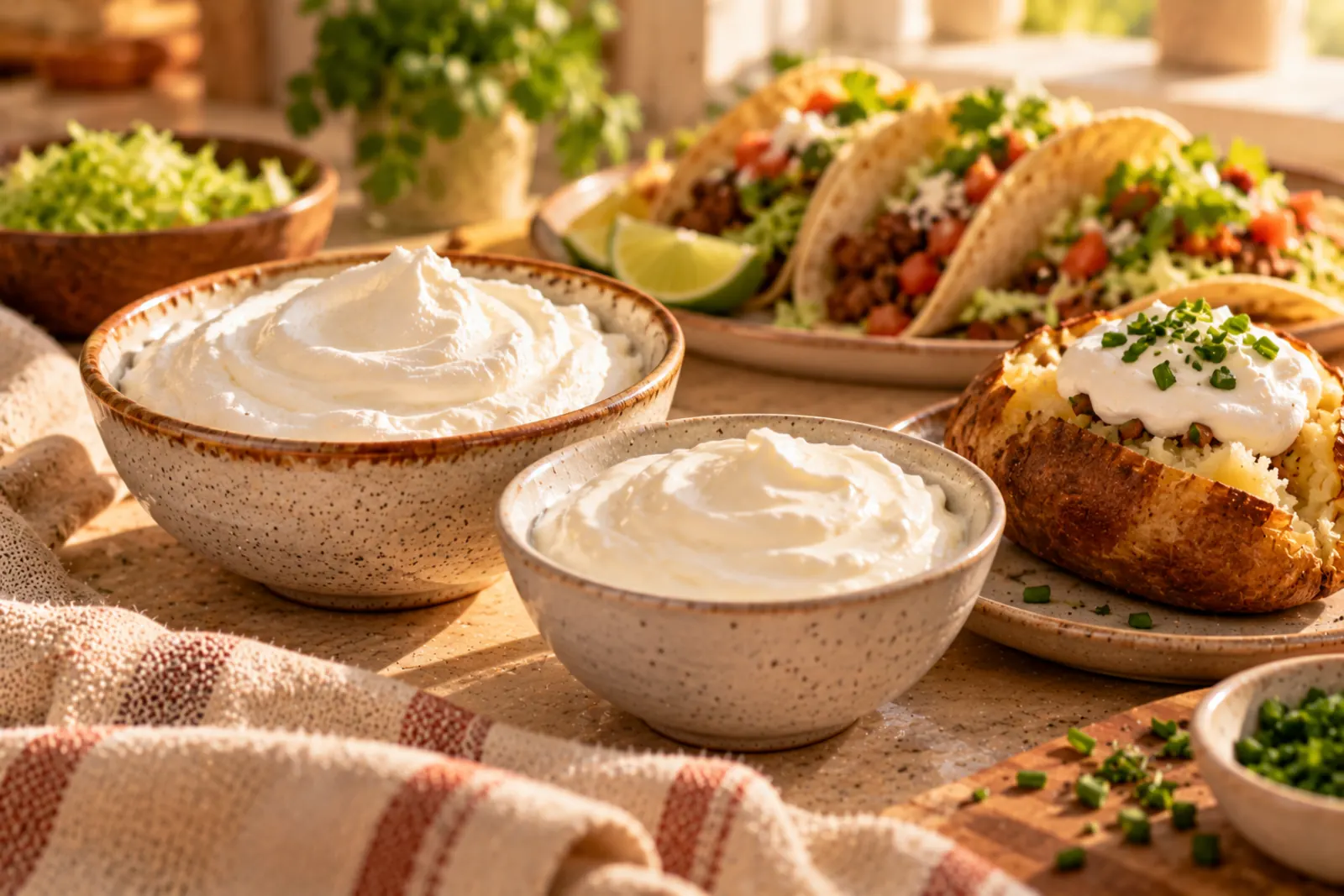 Sour cream and its substitutes on a kitchen counter