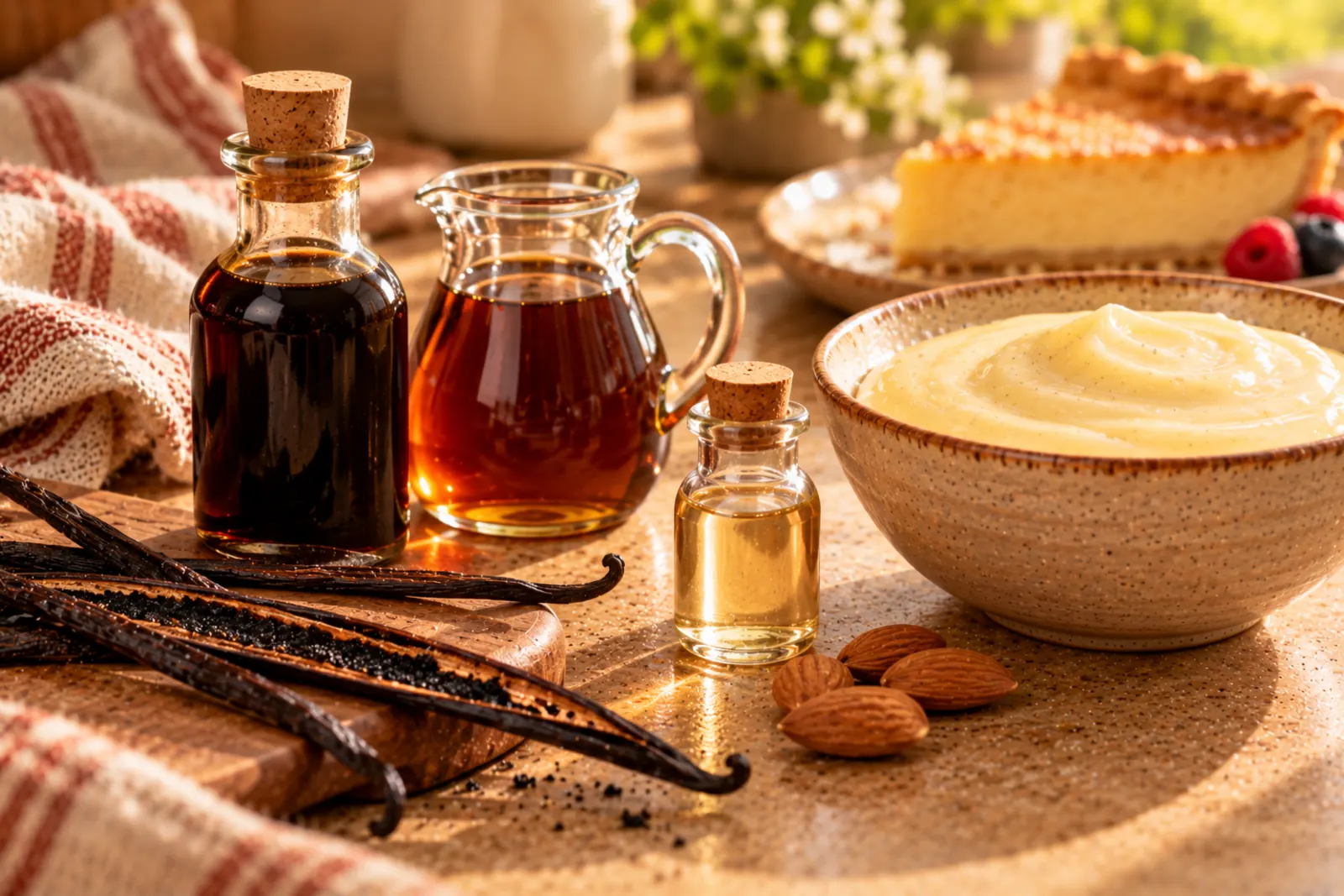 Vanilla extract and its substitutes on a kitchen counter