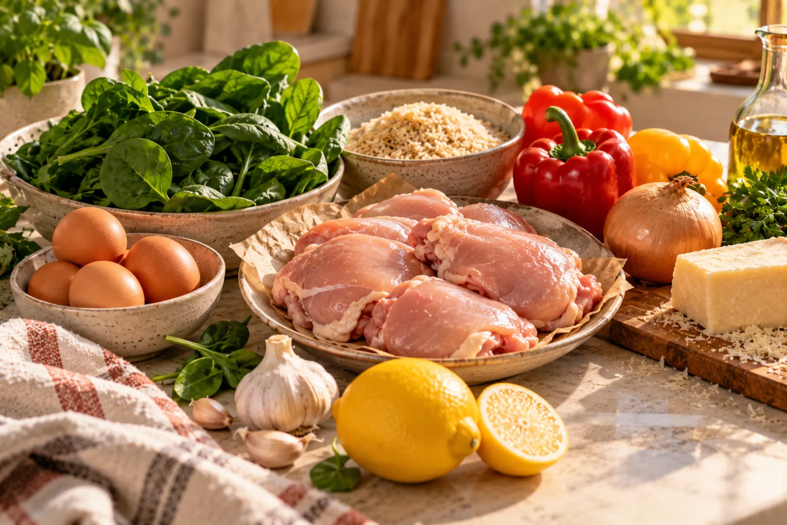 Everyday fridge ingredients on a counter: chicken, spinach, eggs, rice, peppers and lemon