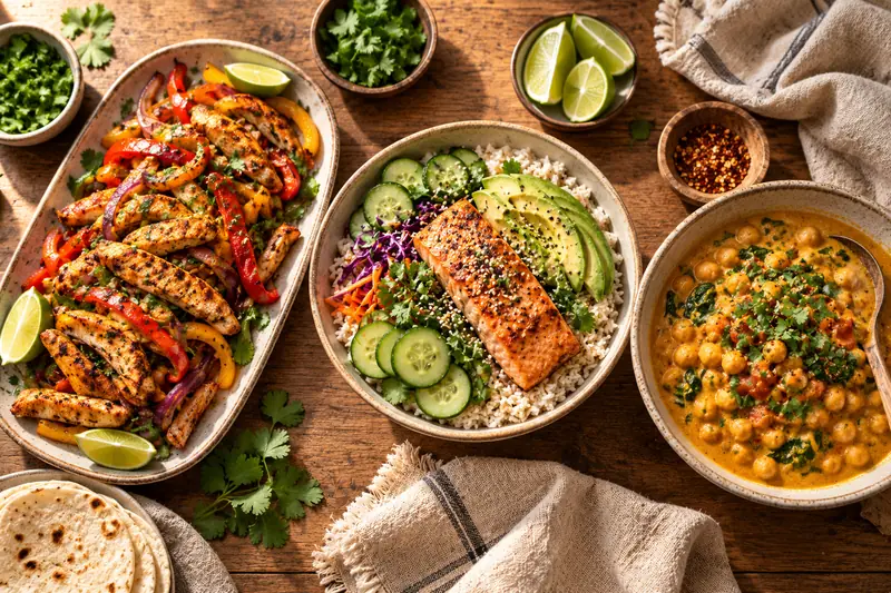 Three weeknight dinners on a wooden table: sheet-pan chicken fajitas, a salmon rice bowl and chickpea coconut curry